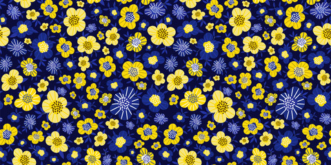 Simple cute pattern c small yellow and blue flowers on dark background. Floral seamless background. Ditsy print. The elegant the template for fashion prints. Vector illustration. 