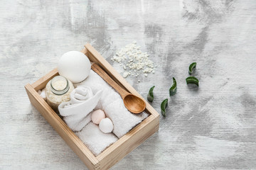 Wall Mural - Spa skin care items in wooden box .