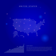 united states illuminated map with glowing dots. dark blue space background. vector illustration