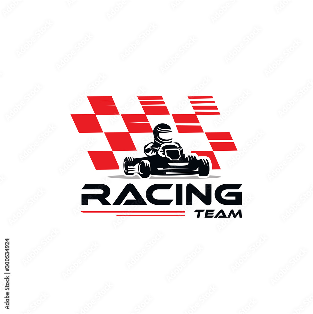 Karting race symbol logo emblem template vector image . Go kart logo Vector . Kart driver sport logo icon.Man drive kart in helmet background design - obrazy, fototapety, plakaty 