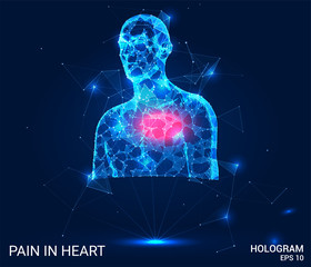 A hologram chest. Pain in the heart of polygons, triangles of points and lines. Health low poly compound structure. The technology concept.