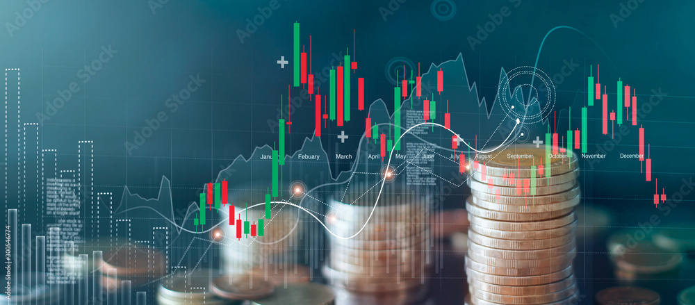 Graph and rows of coins for finance and business, stock market chart growth, abstract and symbol, business investment and currency exchange, on blue background. - obrazy, fototapety, plakaty 