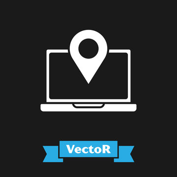 White Laptop with location marker icon isolated on black background. Vector Illustration