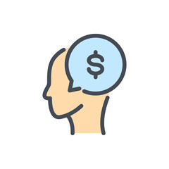 Fototapete - Head with Dollar speech bubble color line icon. Money talk vector outline colorful sign.