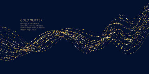 Background with gold glitter to place the inscription. Poster with lines consisting of particles.