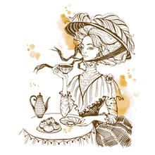 Beautiful Vintage Lady. Tea Party. Girl In A Hat Drinking Tea. Engraving. Graphics. Brown. Vector