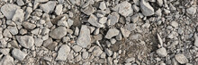 Panoramic Image. Gray Gravel Stones For The Underground In Road Construction