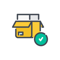 Poster - Open delivery box with tick in circle color line icon. Package delivered vector outline colorful sign.