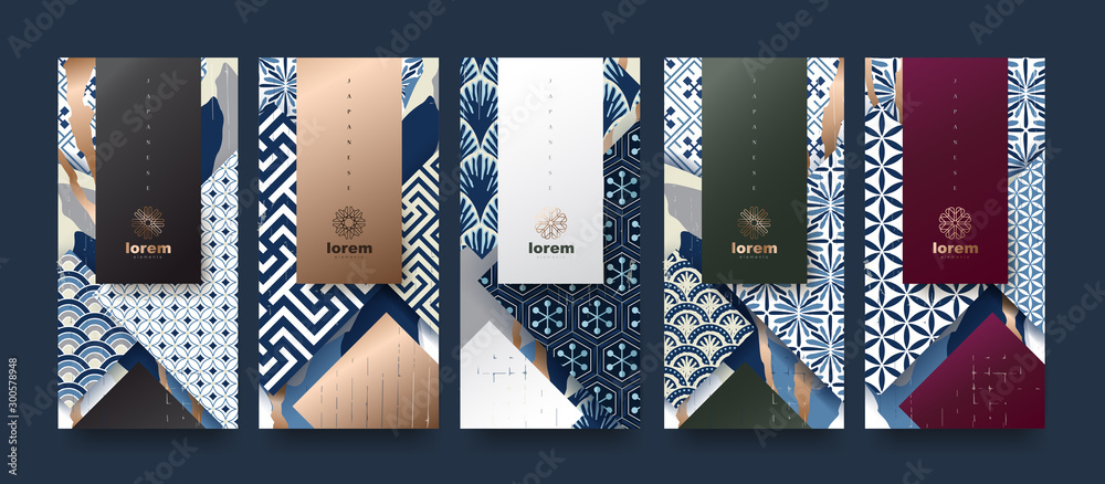 Vector set packaging templates japanese of nature luxury or premium products.logo design with trendy linear style.voucher, flyer, brochure.Menu book cover japan style vector illustration. - obrazy, fototapety, plakaty 