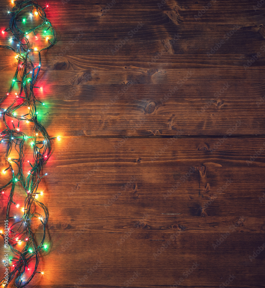 Empty rustic wooden background with Christmas lights - obrazy, fototapety, plakaty 