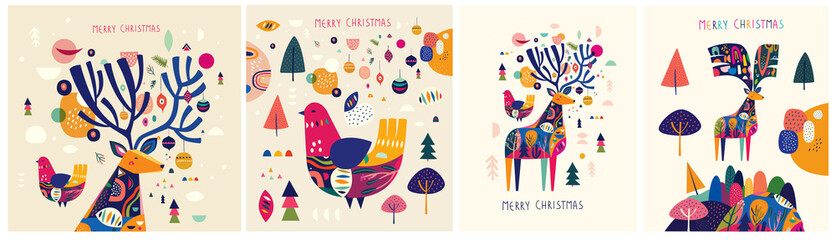 Christmas decorative illustrations with colorful deer and bird.