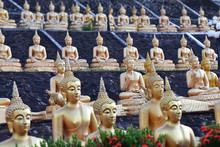 Buddha Images Lined Up In Temples At Pakse