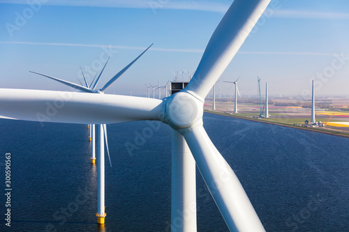 Fotografía Aerial view of wind turbines at sea, North Holland, Netherlands