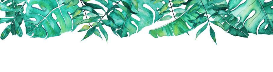 long banner template with watercolor tropical leaves