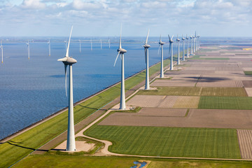 Aerial view of wind turbines at sea, North Holland, Netherlands