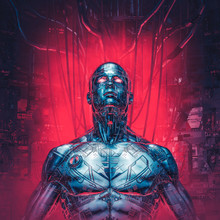 Chrome Visions Reloaded / 3D Illustration Of Futuristic Metallic Science Fiction Male Humanoid Cyborg Inside Computer Core