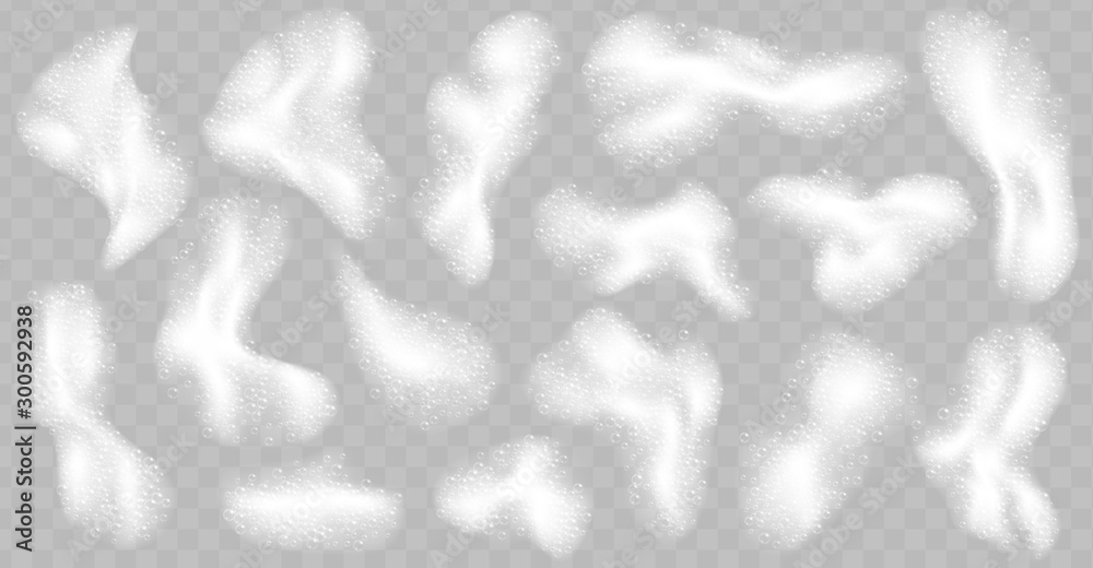 Soap foam pieces with bubbles isolated on transparent background. Top view of sparkling shampoo and bath lather clouds. Vector illustration. - obrazy, fototapety, plakaty 