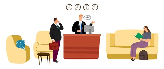 Poster - Hotel reception. Hostel waiting room interior. Vector hotel question desk