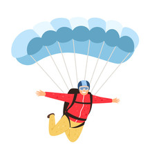 Skydiver Isolated. Leisurely Parachutist Isolated On White Background, Parachuting Man In Sky, Parachute Lifestyle Leisure Activity And People Adventure, Vector Illustration
