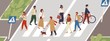 People at crosswalk flat vector illustration. Urban lifestyle concept. Male and female pedestrians crossing city street cartoon characters. Multiethnic community members. Rush hour idea.