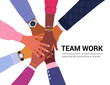 © nadzeya26 - Team work concept. Vector illustration of young diverse business people putting their hands together. Place for your text. Isolated on white.