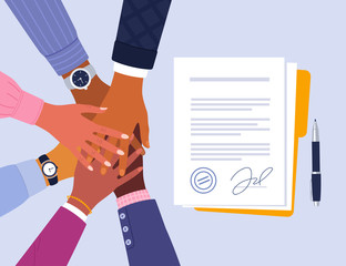 Aufkleber - Conclusion of business agreement. Vector illustration of of young diverse business people putting their hands together over signed documents. Isolated on light blue background.