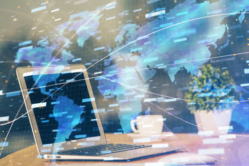 technology theme drawing and table with computer. multi exposure. concept of information.