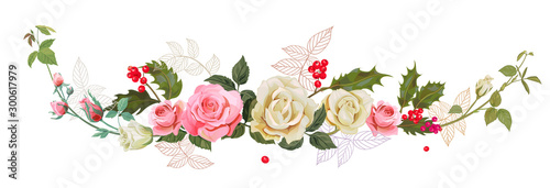 Panoramic view with white, pink roses, holly berry, autumn leaves. Horizontal...