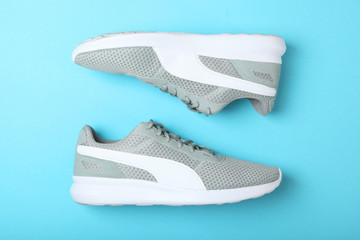 Wall Mural - men's sneakers on a colored background top view. men's footwear. minimalism