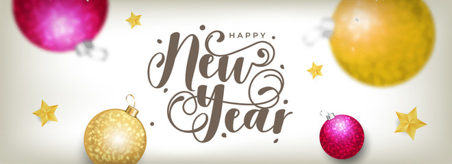 Sticker - Calligraphy of Happy New Year with stars and baubles decorated on header or banner design for celebration concept.