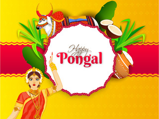 Sticker - Happy Pongal greeting card design with beautiful woman, ox character, sugarcane, banana leaf, coconut and mud pot on yellow and red background.