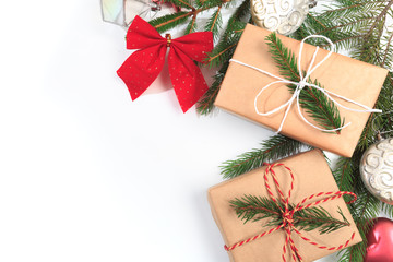  Christmas composition. Gifts, fir tree branches. Christmas, winter, new year concept. Flat lay, top view, copy space - Image