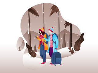 Canvas Print - Tourist man discuss to woman with luggage bag on winter landscape background. Can be used as greeting card design.