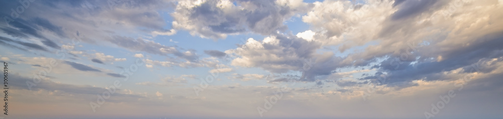 Blue morning sky with clouds (wide background panorama). - obrazy, fototapety, plakaty 