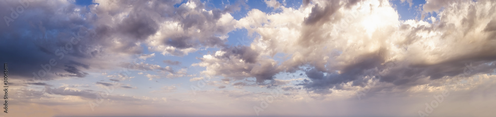 Blue morning sky with clouds (wide background panorama). - obrazy, fototapety, plakaty 