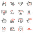Vector set of linear icons related to analytics, data processing and conclusion. Auditor, analyst and expertise. Mono line pictograms and infographics design elements