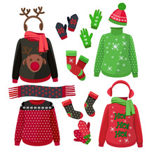 Christmas Clothes. Winter Ugly Sweaters Hats Gloves Scarves Pullover With Textile Decoration Vector Pictures. Christmas Hat And Scarf, Clothes Jumper To Winter Holidays Illustration