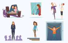 Fears People. Scary Persons Childrens Expression Nervous Afraid Panic Phobia Terrorism Shadows Vector Characters. Illustration Scary And Fear, Panic Phobia, Person Stress And Afraid