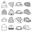Set of fashion men's caps and hats sketches: baseball caps, felt hats, trucker cap, baker boy cap, knitted hats, fisherman beanie, bucket hat. Vector isolated