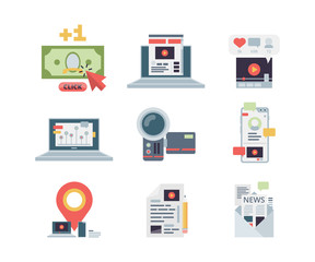 Aufkleber - Blogging concept icon. Marketing content management writing workplace applications symbols affiliate social network vector flat pictures. Blogging media content, article and vlog illustration