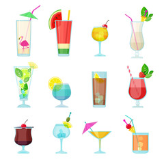 Poster - Cocktails collection. Alcoholic summer drinks liquid food in glasses mojito vodka sambuca martini vector set. Martini and mojito cocktail, liquid alcohol illustration