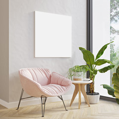 Wall Mural - picture mockup on light wall above modern pink armchair and plants. modern minimalistic scandinavian