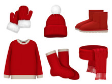 Season Winter Clothes. Wool Scarf Cold Weather Hat Mittens And Socks Vector Realistic Clothes Fashioned Collection. Scarf And Sweater, Christmas Mittens And Cap Illustration