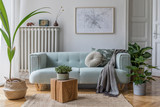 Fototapeta  - Modern scandinavian living room interior with stylish mint sofa, furnitures, mock up poster map, plants,  and elegant personal accessories. Home decor. Interior design. Template. Ready to use. 