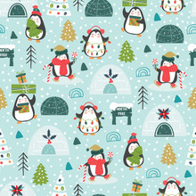Christmas Seamless Pattern With Cute Penguins Celebrating Christmas In North Pole Village. Surface Design For Textile, Fabric, Wallpaper, Wrapping, Giftwrap, Paper, Scrapbook And Packaging.