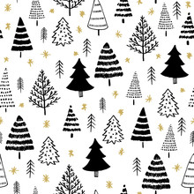 Winter Graphic Seamless Pattern With Christmas Trees In Black On White Background And Gold Stars. Surface Design For Textile, Fabric, Wallpaper, Wrapping, Giftwrap, Paper, Scrapbook And Packaging.