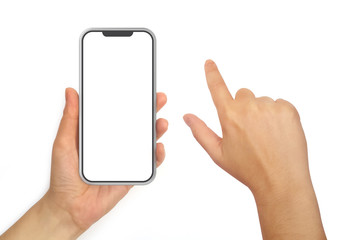 Poster - Hand Holding Mobile Phone and Hand With Pointing Finger Isolated on White Background.