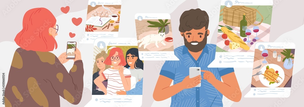 Girl and guy browse social networks. Man and woman making post and sharing happy moments with their followers. Social media influence and addiction. Vector illustration in flat cartoon style. - obrazy, fototapety, plakaty 