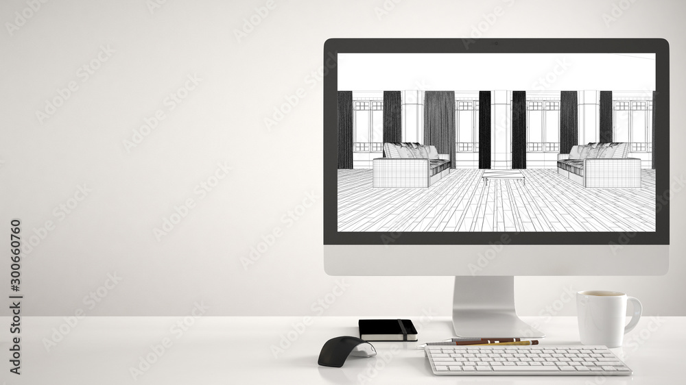 Computer Table Architecture Drawing Architect house project concept, desktop computer on white background ...