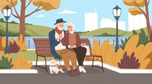 Elderly Man And Woman Have A Date In The Park. Romantic Couple Sitting On A Bench And Smiling. Two Senior Lovers Spend Time Together. Happy Grandparents Walk. Vector Illustration In Flat Cartoon Style